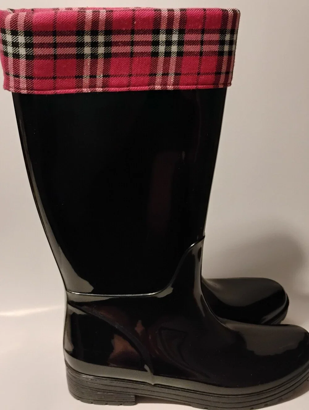 Sohne Rain Boots Rubbery Waterproof Plaid Cuff All Year Wellies Black Pink 9